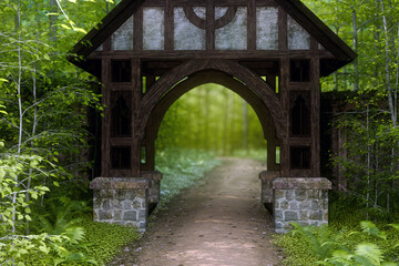 Fototapeta na wymiar Entrance gateway on an empty path through a forest. 3D illustration.