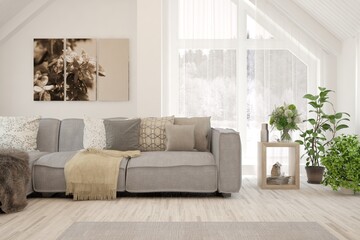 White living room with sofa and winter landscape in window. Scandinavian interior design. 3D illustration