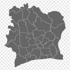 Blank map  of Ivory Coast. Districts of Ivory Coast map. High detailed vector map  Republic of Cote d'Ivoire on transparent background for your web site design, logo, app, UI.  EPS10. 