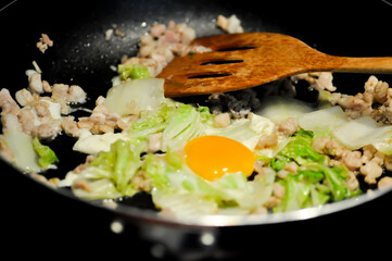 stir fried vegetable, stir fried Chinese cabbage or stir fried cabbage with minced pork or cooking food