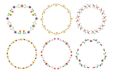 Obraz premium Set of floral circle frames. Style of Mexican embroidery Otomi. Vector illustration.