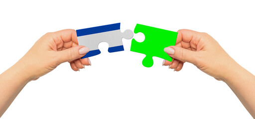 Woman hands are holding part of puzzle game. National mock up on white background. Honduras