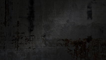 old black concrete wall of ancient architecture, cracked and dirty wall texture use as background with blank space for design. dirty dark black grunge cement with rust. vintage background.