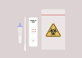 A coronavirus express PCR test, a dropper bottle, a cotton swab, a plastic white cassette with red stripe indicators of the virus presence, a plastic zip bag with a yellow triangle biohazard logo