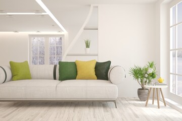 White living room with sofa and winter landscape in window. Scandinavian interior design. 3D illustration