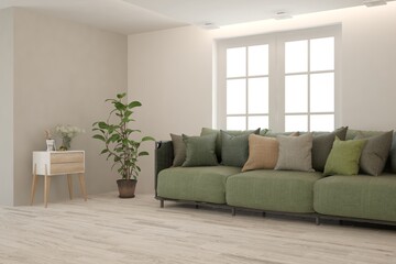 White living room with sofa. Scandinavian interior design. 3D illustration