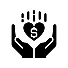 Philanthropy black glyph icon. Philanthropic organization. Improve human welfare. Charitable donation. Voluntary giving. Silhouette symbol on white space. Solid pictogram. Vector isolated illustration