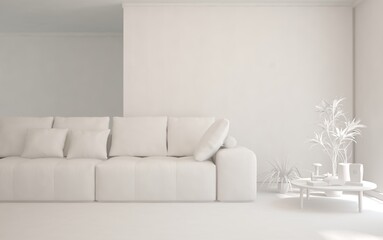 White minimalist living room with sofa. Scandinavian interior design. 3D illustration