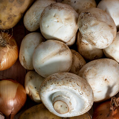Fresh vegetables and mushrooms lie on the table against the background of a brick wall
