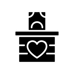 Money donation black glyph icon. Cash charitable contributions. Monetary gift. Generous benefaction. Charity fundraiser. Silhouette symbol on white space. Solid pictogram. Vector isolated illustration