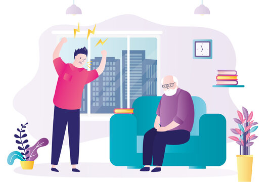Concept of family violence and bad relations between relatives. Adult son yells at elderly father