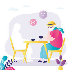 Elderly grandfather drinking coffee in cafe alone. Old grandpa saddened by wife death