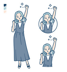 ノースリーブワンピースを着た若い女性がガッツポーズをしているイラスト