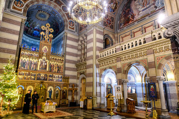 Fototapeta na wymiar Interior of Church of Three Saints on territory of University, former Residence of Metropolitans in Chernivtsi, Ukraine