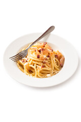 Piatto di tradizionali bucatini alla carbonara, ricetta di pasta con guanciale, uovo e pecorino, Cucina Italiana 