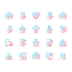 Donation opportunities gradient linear vector icons set. Giving items away for free. Charitable organization. Thin line contour symbol designs bundle. Isolated outline illustrations collection