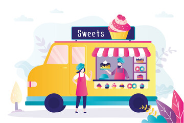 Male and female character sell different takeaway sweets. Trailer showcase full of cakes and cupcakes