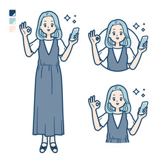 ノースリーブワンピースを着た若い女性がスマートフォンを持ちOKサインをしているイラスト