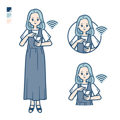 ノースリーブワンピースを着た若い女性がスマートフォンを操作しているイラスト