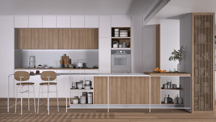 Modern white and wooden kitchen, Island with stools, parquet. Oven, stove, sink and accessories, Contemporary interior design idea