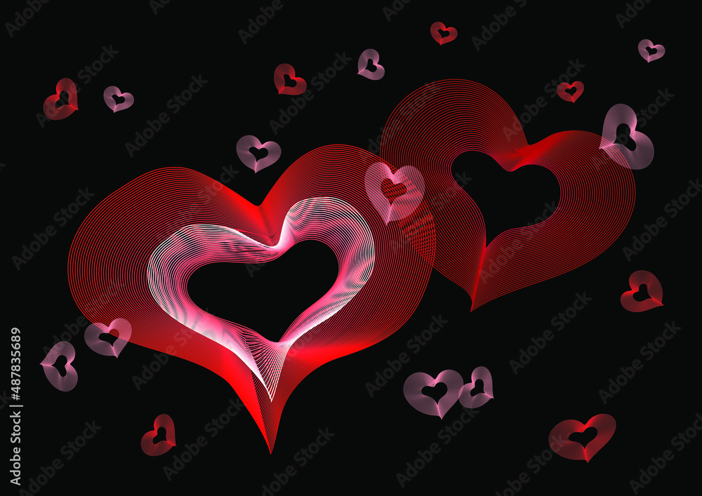 Poster red and pink lines are grouped and create striped hearts of different sizes on a black background. b