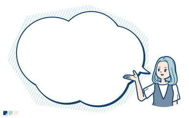 ノースリーブワンピースを着た若い女性が吹き出しで解説しているイラスト