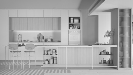 Total white project draft, modern kitchen, Island with stools, parquet. Oven, stove, sink and accessories, Contemporary interior design idea