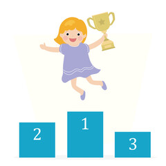Happy caucasian schoolgirl jumping. Girl holds winner cup. First place, podium. Reward for winner in championship or competition. Cartoon female character.