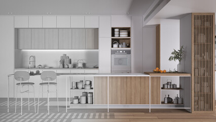 Architect interior designer concept: hand-drawn draft unfinished project that becomes real, modern kitchen, Island with stools, parquet. Oven, stove, sink and accessories