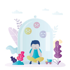 Little boy sits under glass dome. Child suffers from loneliness and isolation. Lonely teenager experiencing negative emotions