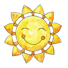Watercolor illustration with sun. Joyful picture for children.