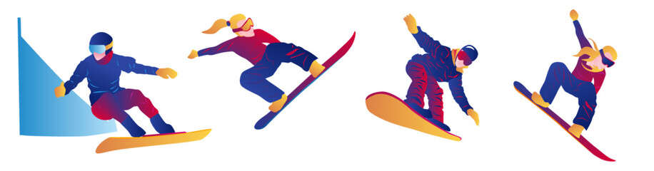 Men and women doing sports exercises on a snowboard. Vector graphic illustration - obrazy, fototapety, plakaty