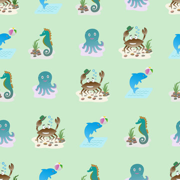 Pattern seamless with cartoon sea life characters