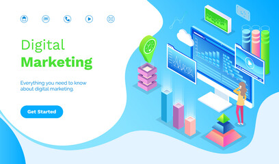 Everything you need to know about digital marketing. Worker communicating with wireless device. Monitor of computer with graph report. Website or webpage template, landing page flat style vector