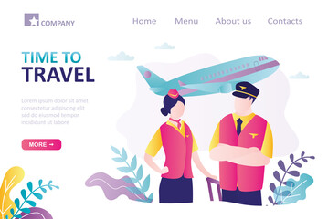 Time to travel, landing page template. Modern airplane takeoff. Vacation in exotic countries. Cabin crew. Flight attendants, close up view. Exciting trips abroad.