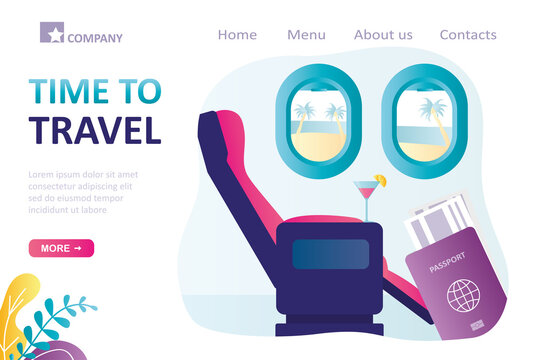 Time to travel, landing page template. Interior of comfortable business class in airplane. Vacation in exotic countries. View from portholes of plane on tropical beach. Exciting trips abroad.