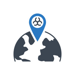 Epidemic related vector glyph icon. Biohazard positioning mark on globe. Epidemic sign. Isolated on white background. Editable vector illustration