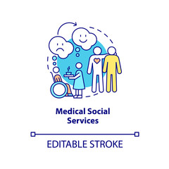 Medical social services concept icon. Support of seriously ill patients. Hospice care abstract idea thin line illustration. Isolated outline drawing. Editable stroke. Arial, Myriad Pro-Bold fonts used