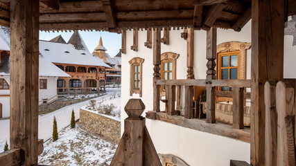 View of the Barsana Monastery in winter, Romania