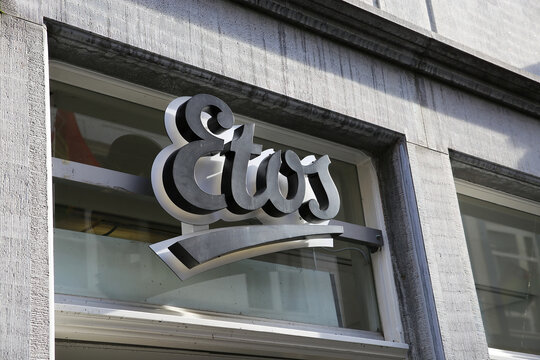 Maastricht, Netherlands - February 13. 2022: View on logo lettering of etos food and drugstore over shop entrance