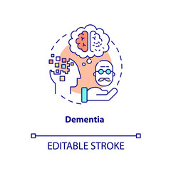 Dementia concept icon. Brain disorder. Illnesses to ask for palliative care abstract idea thin line illustration. Isolated outline drawing. Editable stroke. Arial, Myriad Pro-Bold fonts used