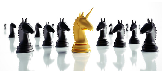 Golden chess piece unicorn between black knights

