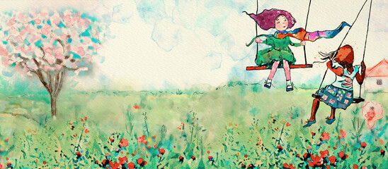 On swing. Spring. Watercolor happiness concept, background