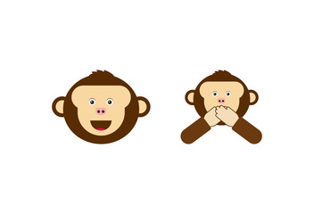 Vector Emoji Kawaii Cute Cartoon Monkey Covering Mouth Isolated. Monkey head vector flat icon. Isolated monkey face emoji illustration