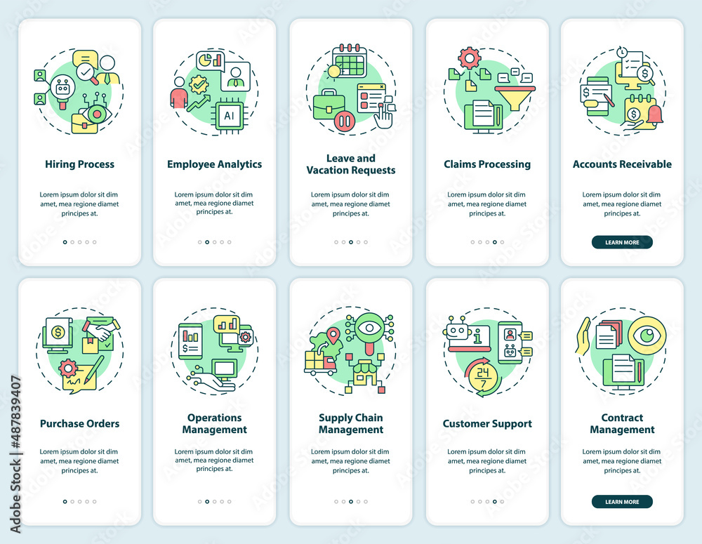 Aufkleber business process and banking automation onboarding mobile app screen set. walkthrough 5 steps graphi