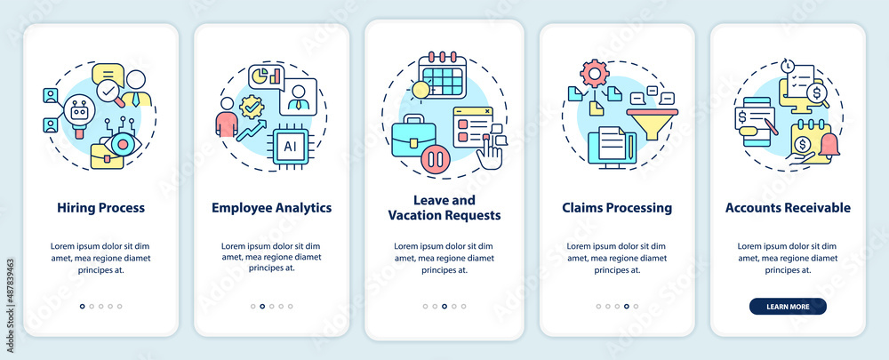Poster examples of automation in business onboarding mobile app screen. walkthrough 5 steps graphic instruc