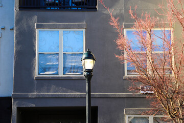 a tall black lamp post near a gray building with windows and a black iron balcony near a red tree in downtown Atlanta Georgia USA - Powered by Adobe