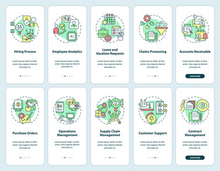Business process and banking automation onboarding mobile app screen set. Walkthrough 5 steps graphic instructions pages with linear concepts. UI, UX, GUI template. Myriad Pro-Bold, Regular fonts used