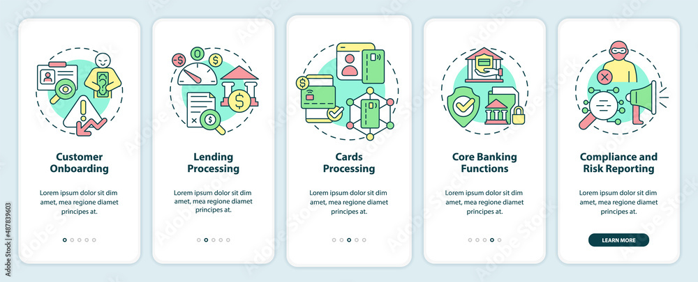Poster automated banking onboarding mobile app screen. autonomous operations walkthrough 5 steps graphic in