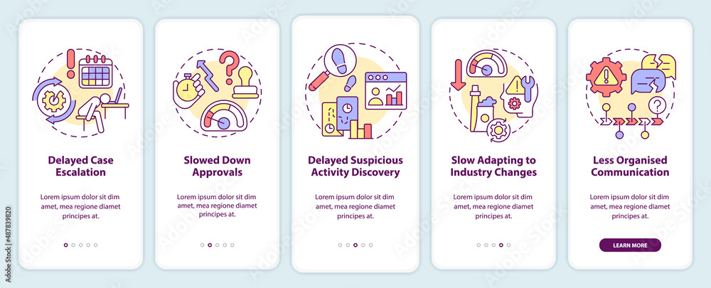 Aufkleber BPA challenges onboarding mobile app screen. Banking automation walkthrough 5 steps graphic instructions pages with linear concepts. UI, UX, GUI template. Myriad Pro-Bold, Regular fonts used
